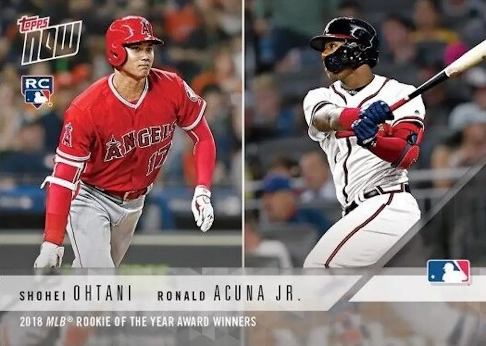2018 Topps now Los Angeles Angels/Atlanta Braves #AW-3 MLB Rookie of the year award Winners Shohei Ohtani/Ronald Acuna Jr.