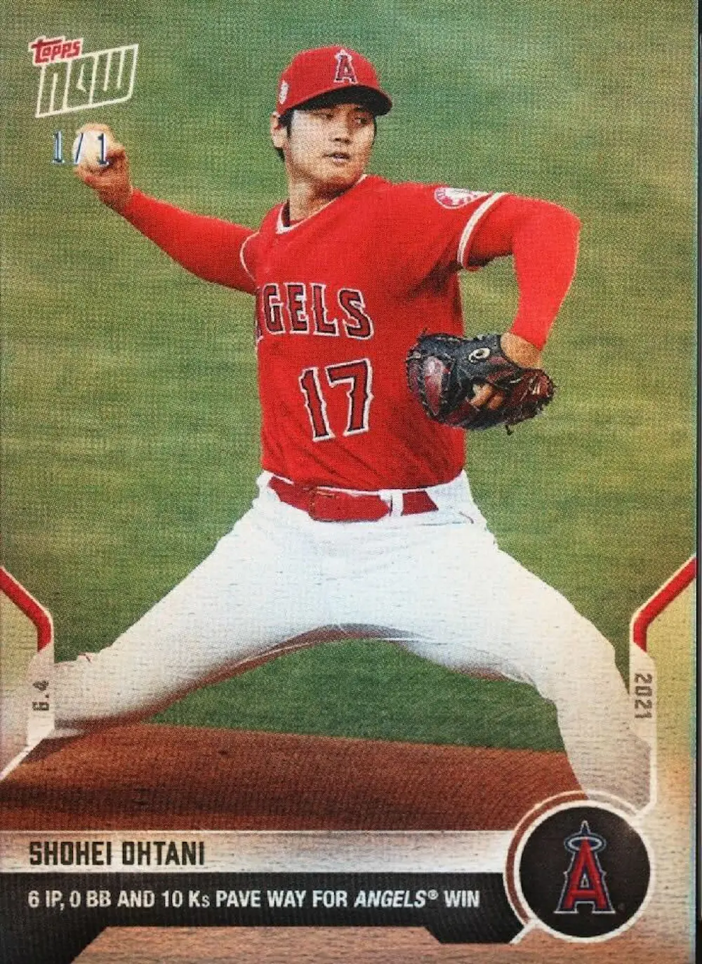2021 Topps Now #311 Shohei Ohtani 6 IP 0 BB and 10 Ks pave way for Angels win 1/1 Platinum Rainbow