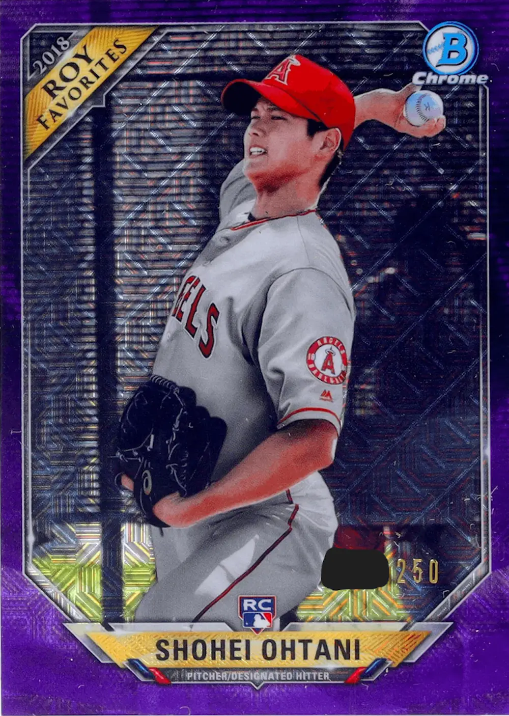 2018 BOWMAN MEGA BOX CHROME ROOKIE OF THE YEAR FAVORITES #SO SHOHEI OHTANI CHROME ROY FAV-PURPLE REF. /250